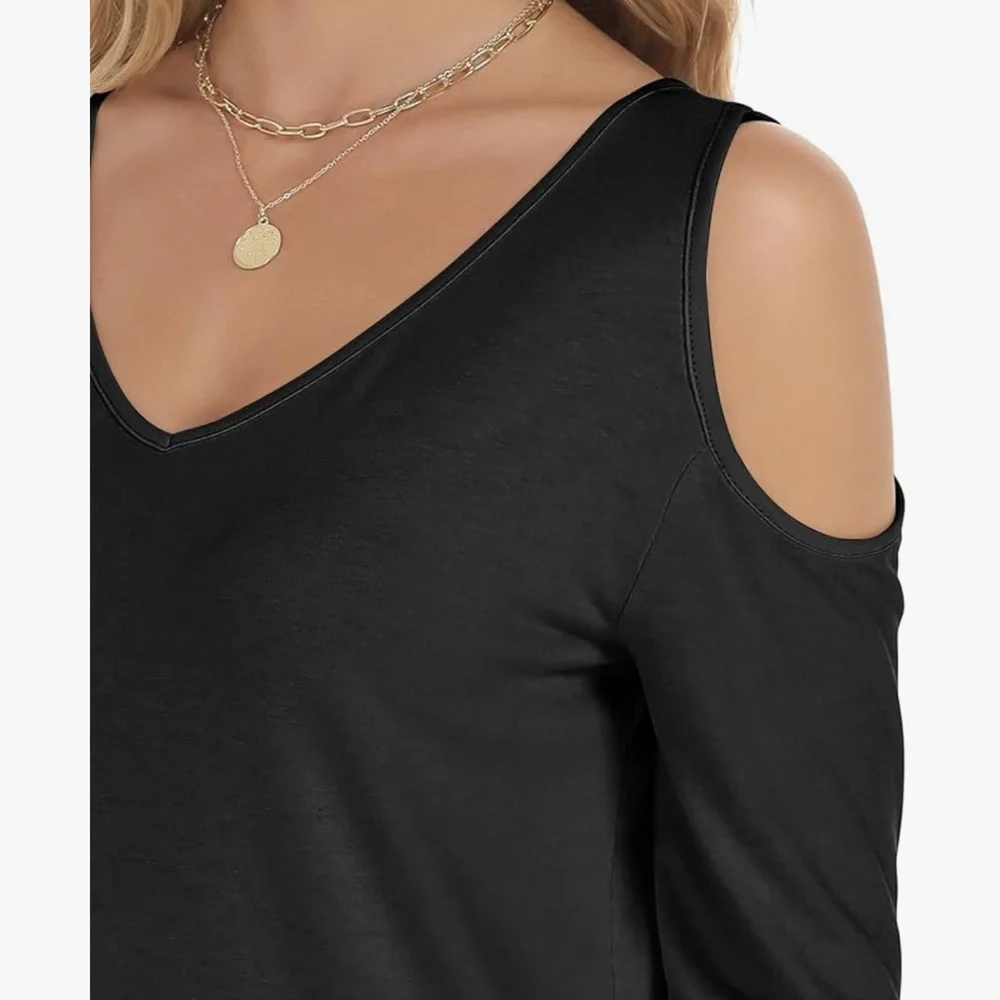 🆕 Cold-Shoulder V-Neck Long Sleeve Top - Black - Picture 7 of 8